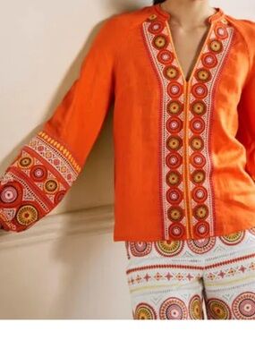 Boden Tamsin Embroidered Linen Top Clementine Size 14